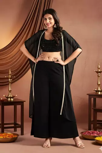 Black colour Women Embroidered Top Shrug With Palazzo set