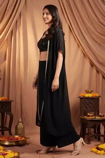 Black colour Women Embroidered Top Shrug With Palazzo set