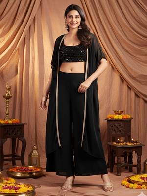 Black colour Women Embroidered Top Shrug With Palazzo set 5