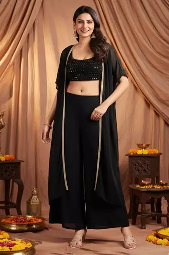 Black colour Women Embroidered Top Shrug With Palazzo set