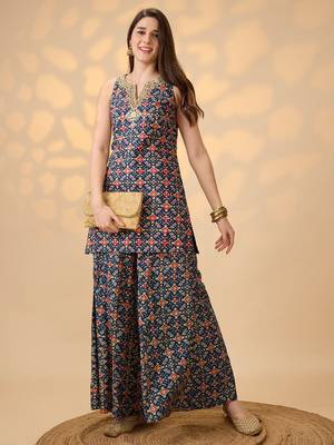 Navy Blue Printed Round Neck Kurti & Palazzos Set 1