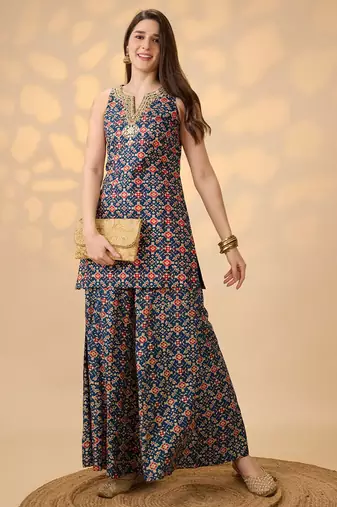 Navy Blue Printed Round Neck Kurti & Palazzos Set