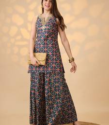 Navy Blue Printed Round Neck Kurti & Palazzos Set