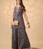 Navy Blue Printed Round Neck Kurti & Palazzos Set