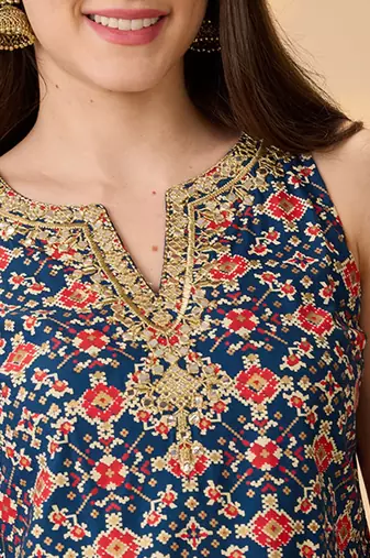 Navy Blue Printed Round Neck Kurti & Palazzos Set