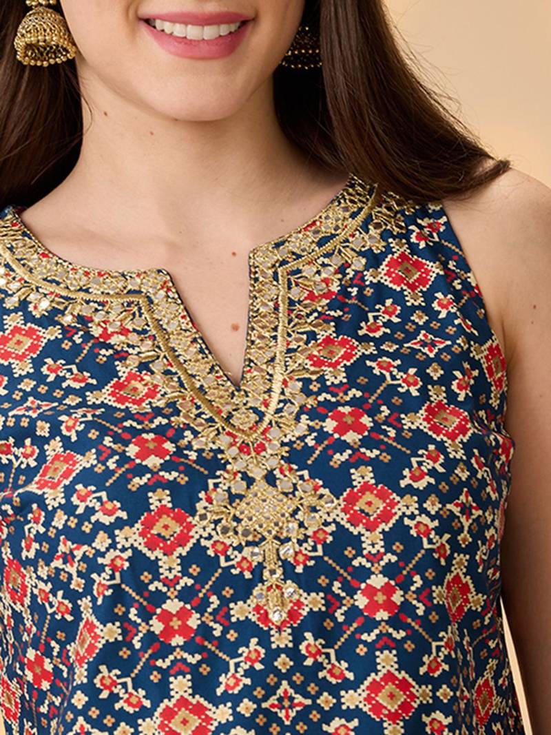 Navy Blue Printed Round Neck Kurti & Palazzos Set