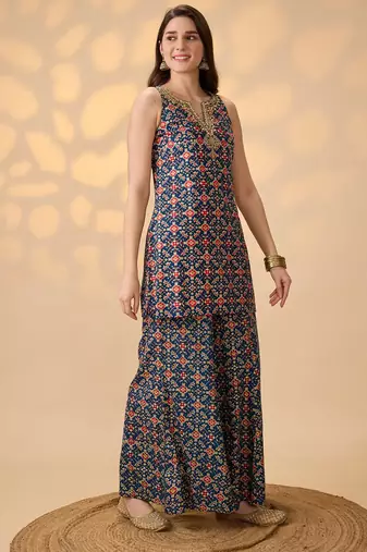 Navy Blue Printed Round Neck Kurti & Palazzos Set