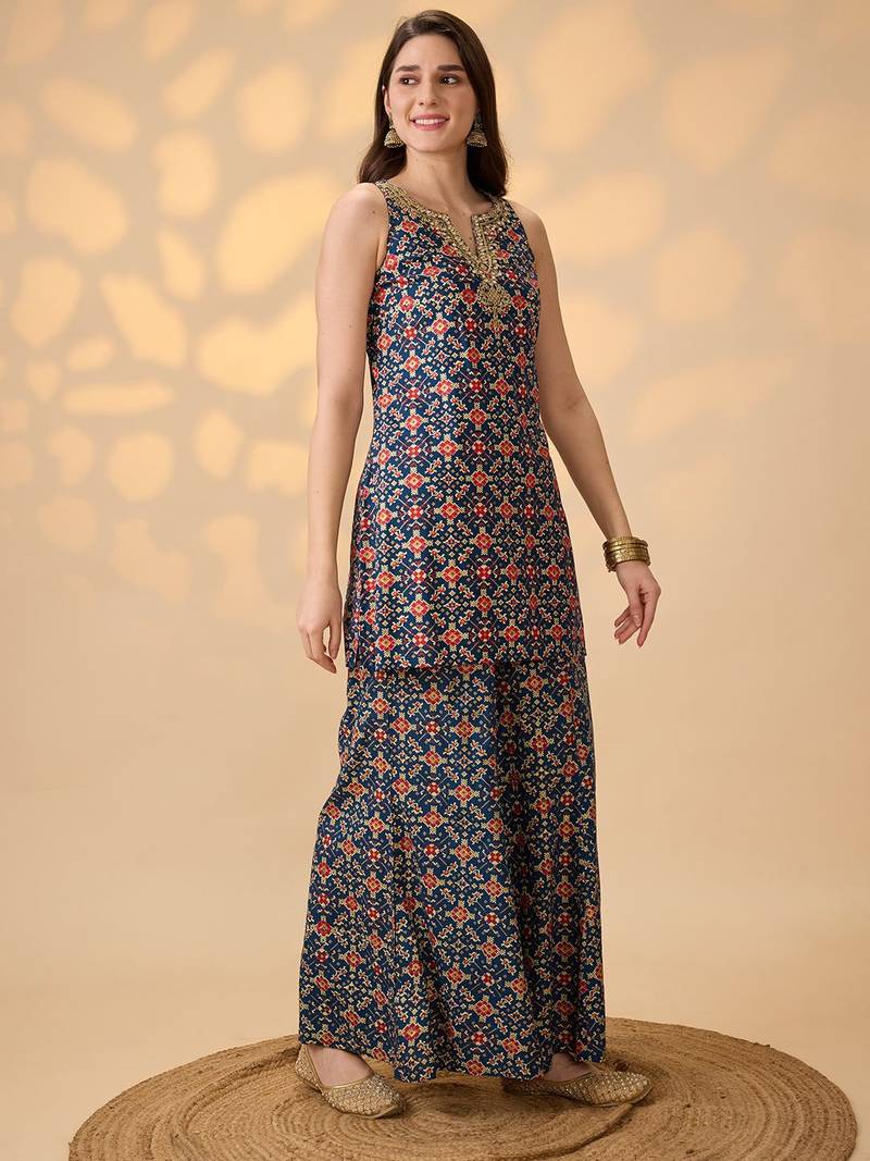 Navy Blue Printed Round Neck Kurti & Palazzos Set