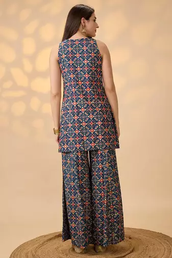 Navy Blue Printed Round Neck Kurti & Palazzos Set
