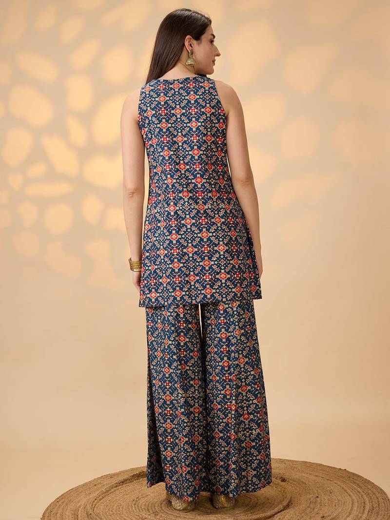 Navy Blue Printed Round Neck Kurti & Palazzos Set