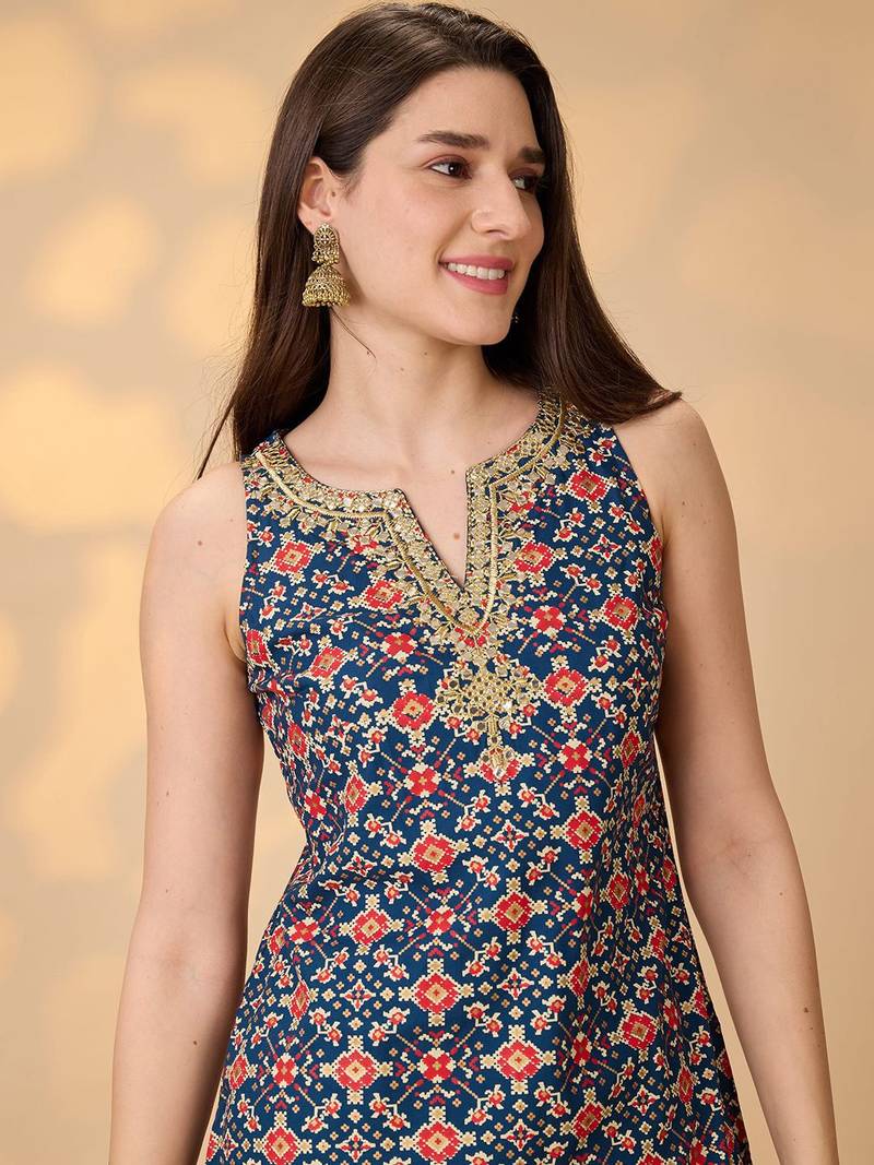 Navy Blue Printed Round Neck Kurti & Palazzos Set