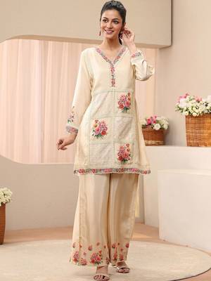 Cream colour Floral Embroidered Tunic with Palazzos 1