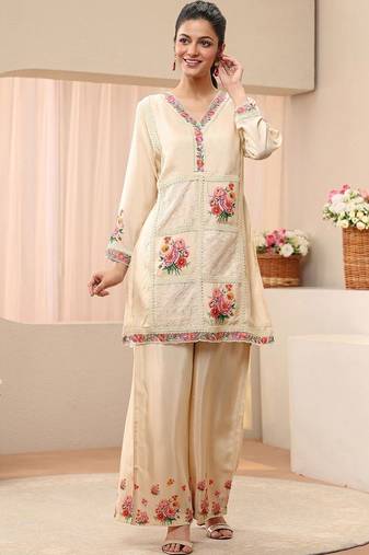 Cream colour Floral Embroidered Tunic with Palazzos