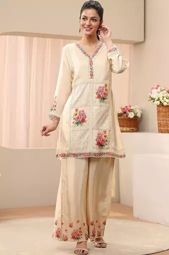Cream colour Floral Embroidered Tunic with Palazzos