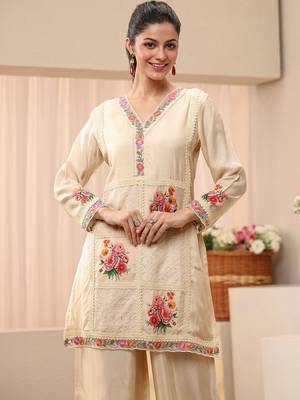 Cream colour Floral Embroidered Tunic with Palazzos 2