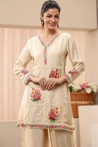 Cream colour Floral Embroidered Tunic with Palazzos