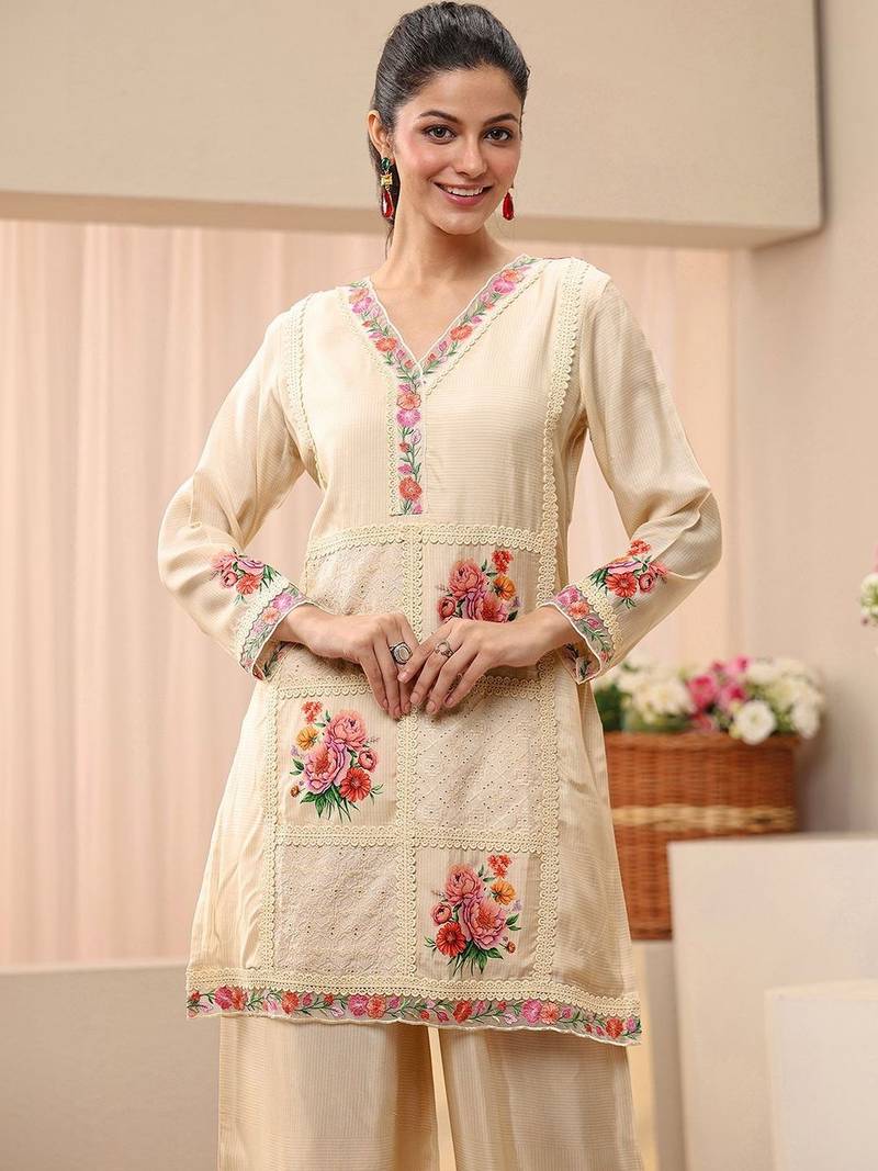 Cream colour Floral Embroidered Tunic with Palazzos