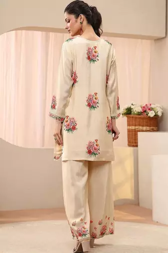 Cream colour Floral Embroidered Tunic with Palazzos
