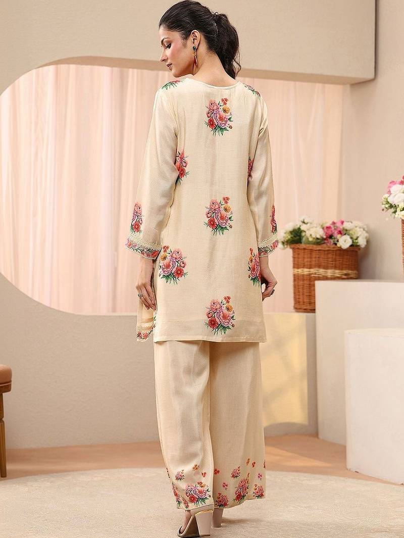 Cream colour Floral Embroidered Tunic with Palazzos