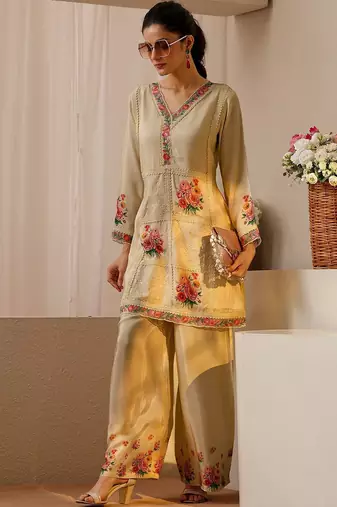 Cream colour Floral Embroidered Tunic with Palazzos
