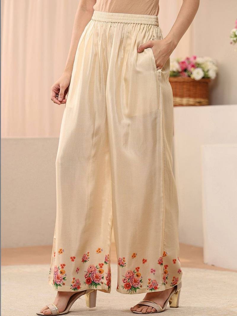 Cream colour Floral Embroidered Tunic with Palazzos