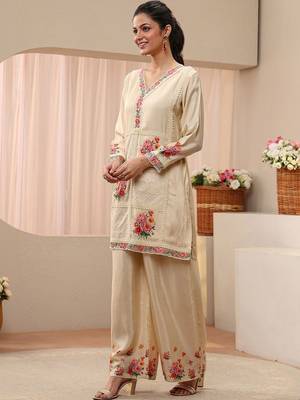 Cream colour Floral Embroidered Tunic with Palazzos 6