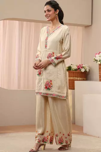 Cream colour Floral Embroidered Tunic with Palazzos
