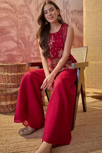 Maroon colour Florals Embroidered Top with Palazzos & Waistcoat