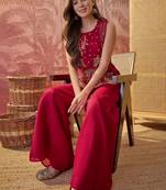 Maroon colour Florals Embroidered Top with Palazzos & Waistcoat