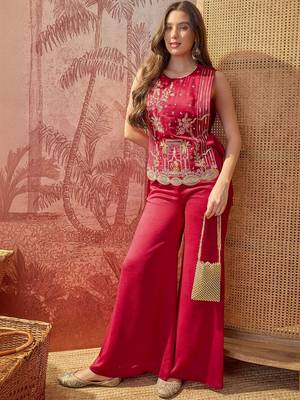 Maroon colour Florals Embroidered Top with Palazzos & Waistcoat 2