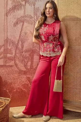 Maroon colour Florals Embroidered Top with Palazzos & Waistcoat
