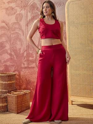 Maroon colour Florals Embroidered Top with Palazzos & Waistcoat 3