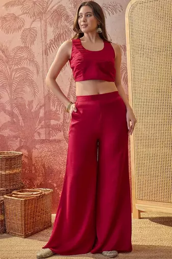 Maroon colour Florals Embroidered Top with Palazzos & Waistcoat