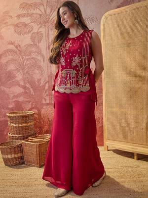 Maroon colour Florals Embroidered Top with Palazzos & Waistcoat 4