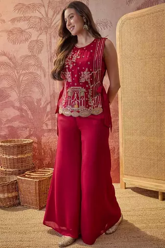 Maroon colour Florals Embroidered Top with Palazzos & Waistcoat