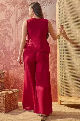 Maroon colour Florals Embroidered Top with Palazzos & Waistcoat