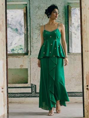 Green colour Shadow Work Embellished Top with Skirt 1