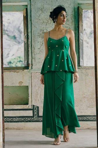 Green colour Shadow Work Embellished Top with Skirt