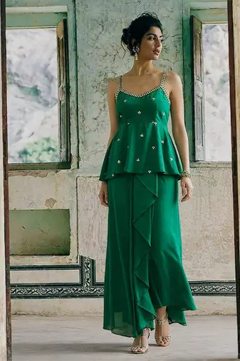 Green colour Shadow Work Embellished Top with Skirt