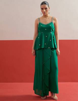 Green colour Shadow Work Embellished Top with Skirt 2