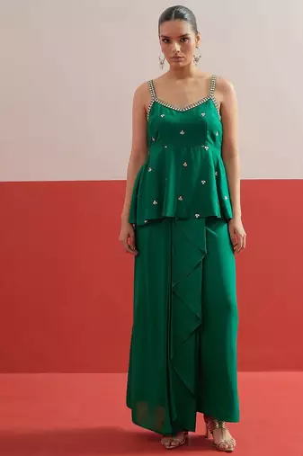 Green colour Shadow Work Embellished Top with Skirt