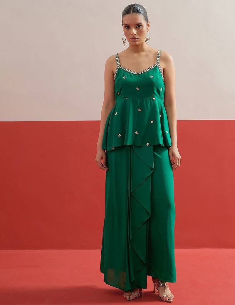 Green colour Shadow Work Embellished Top with Skirt