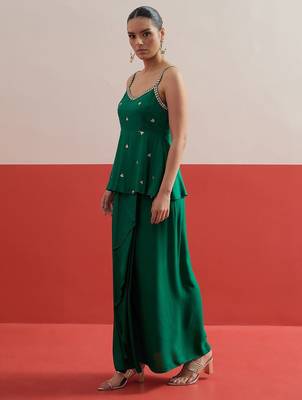 Green colour Shadow Work Embellished Top with Skirt 3