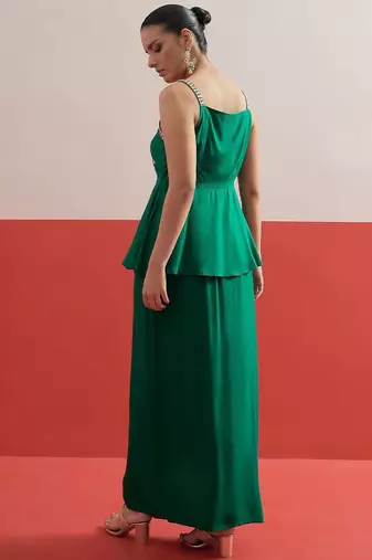 Green colour Shadow Work Embellished Top with Skirt