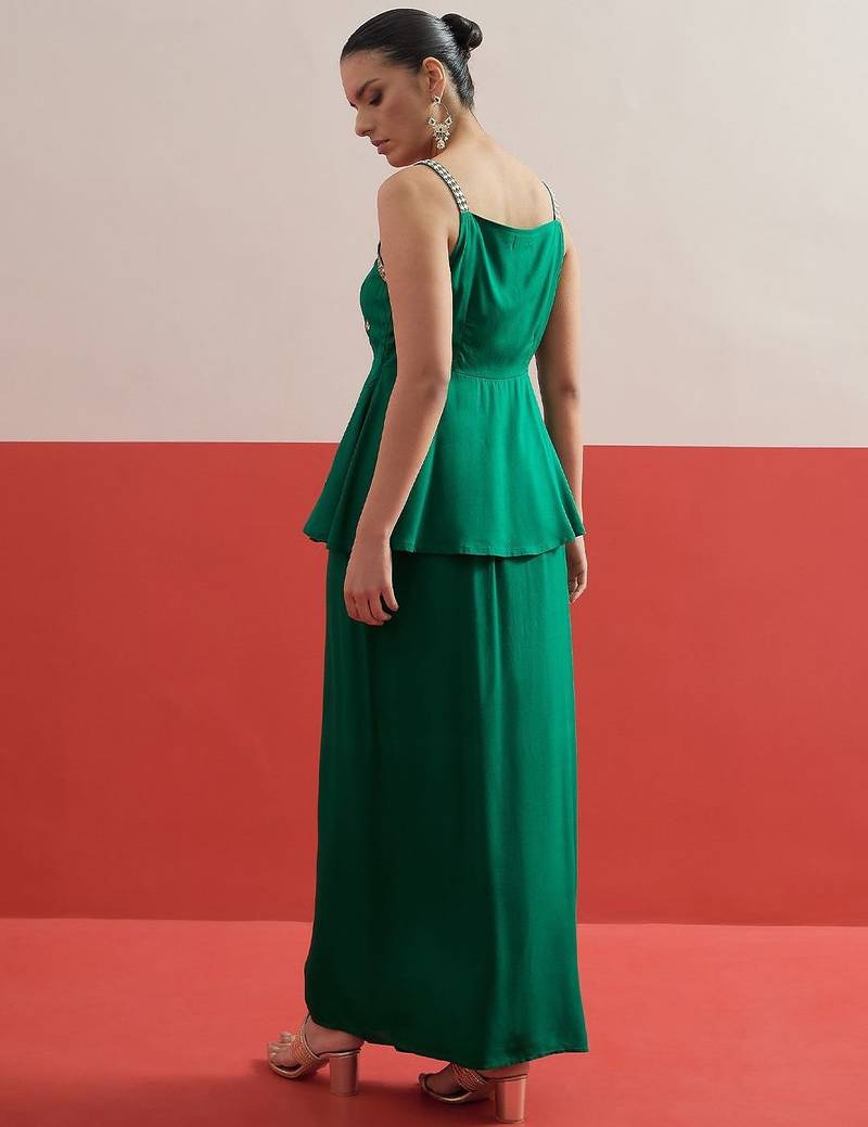 Green colour Shadow Work Embellished Top with Skirt