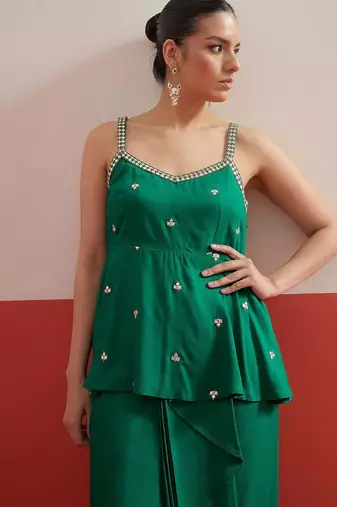 Green colour Shadow Work Embellished Top with Skirt