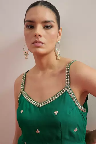 Green colour Shadow Work Embellished Top with Skirt
