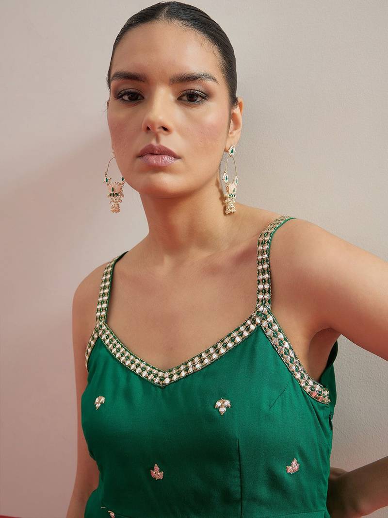Green colour Shadow Work Embellished Top with Skirt