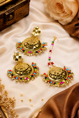 Multicolor beaded floral earrings tikka with leafy drops 1