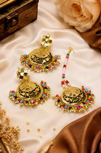 Multicolor beaded floral earrings tikka with leafy drops